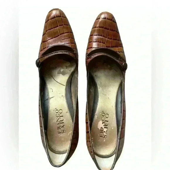 Franco Sarto Brown Crocodile Leather Pumps Size 7 1/2 Pointed Toe MaryJane Heels - Picture 1 of 8